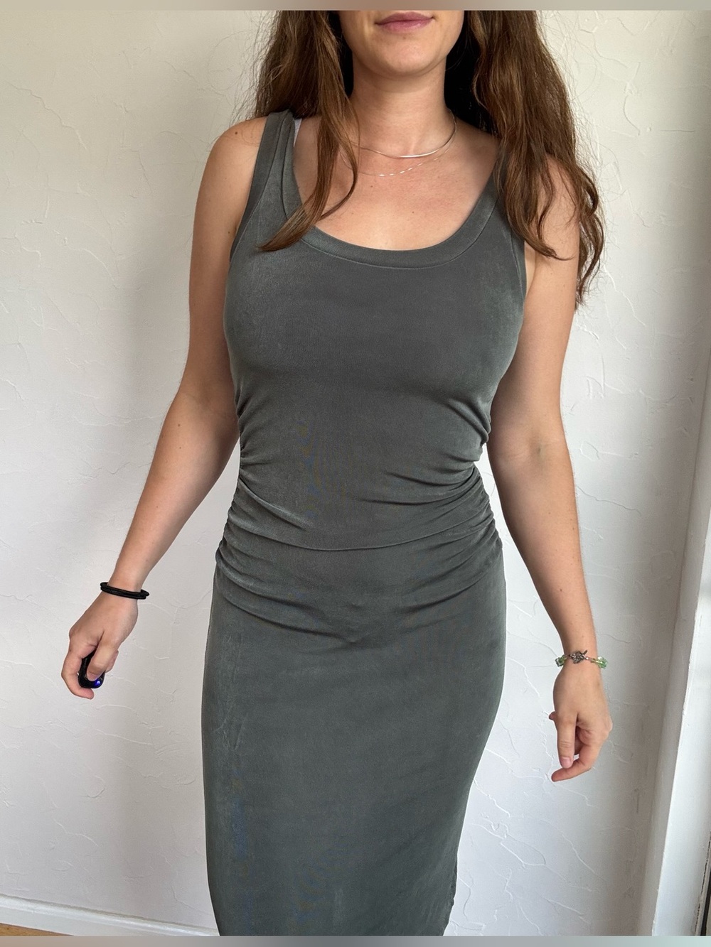 Vintage 90s Boston Proper Olive Green Ruched Bodycon Midi Dress